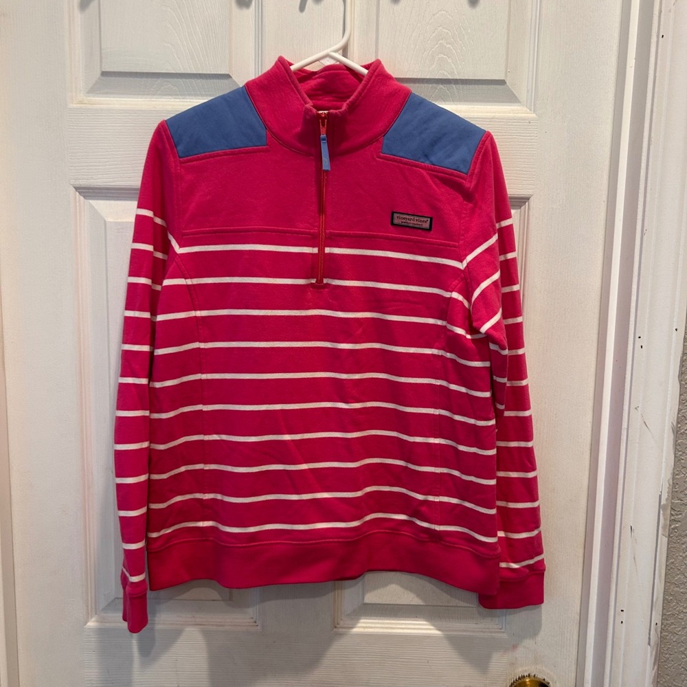 Vineyard Vines Womens Pink Striped Quarter Zip Pullover Sweater L Coastal Preppy